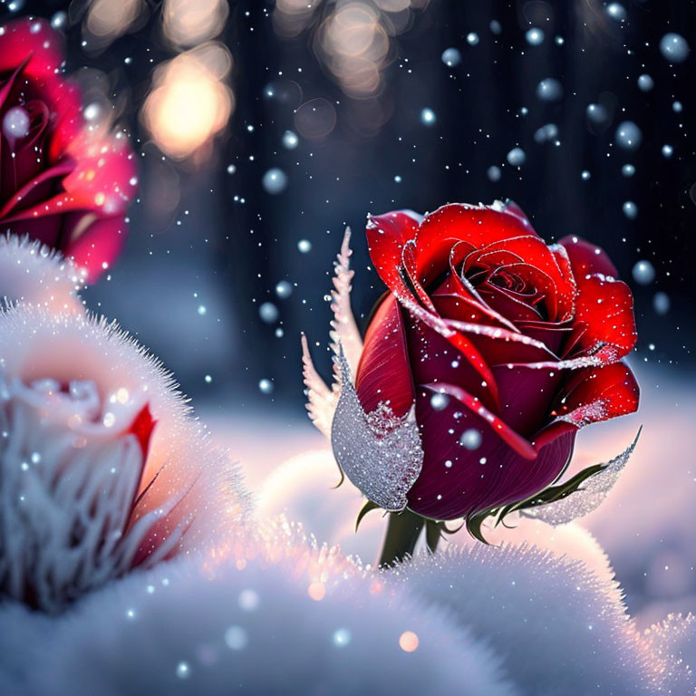 Red rose with snowflakes on snowy background and bokeh lights