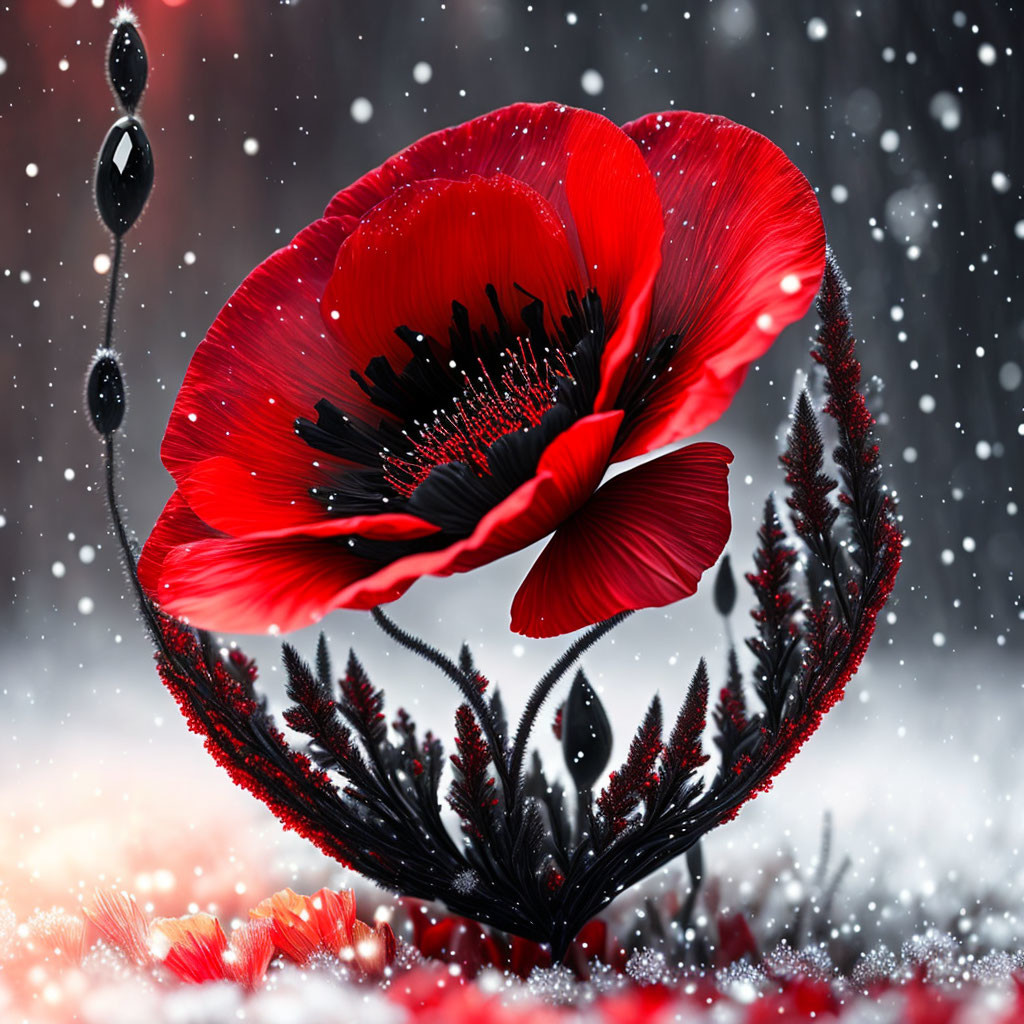 Red poppy with delicate petals in snowy backdrop and snowflakes.