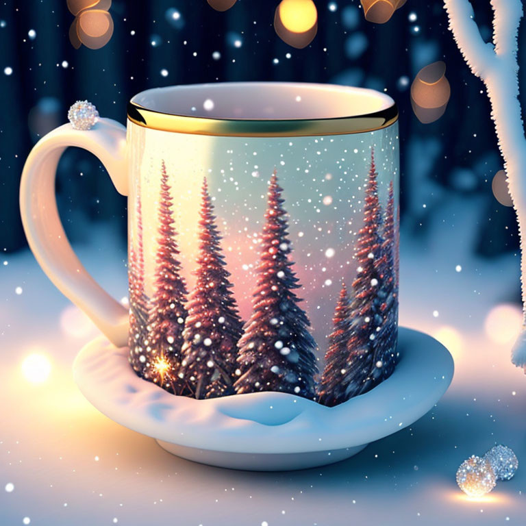 Winter-themed forest design mug on saucer with falling snowflakes and glowing lights