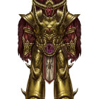 Detailed illustration of character in golden armor with horned helmet.