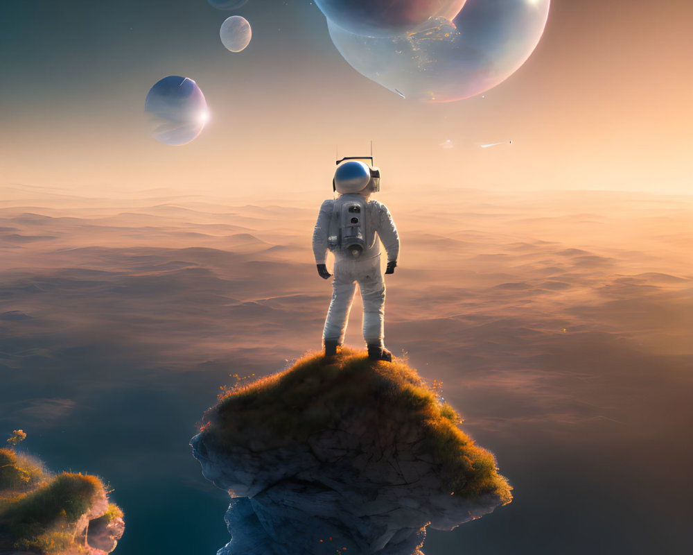 Astronaut on floating rock in surreal landscape