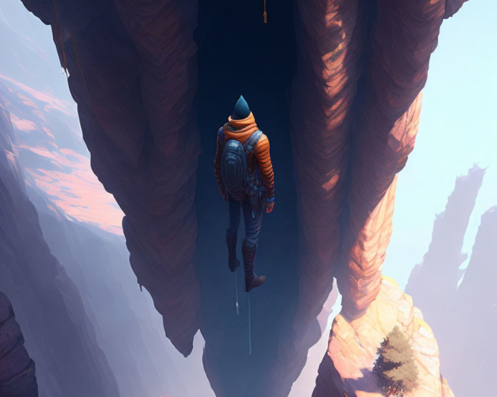 Adventurer with backpack overlooking vast chasm and misty mountains
