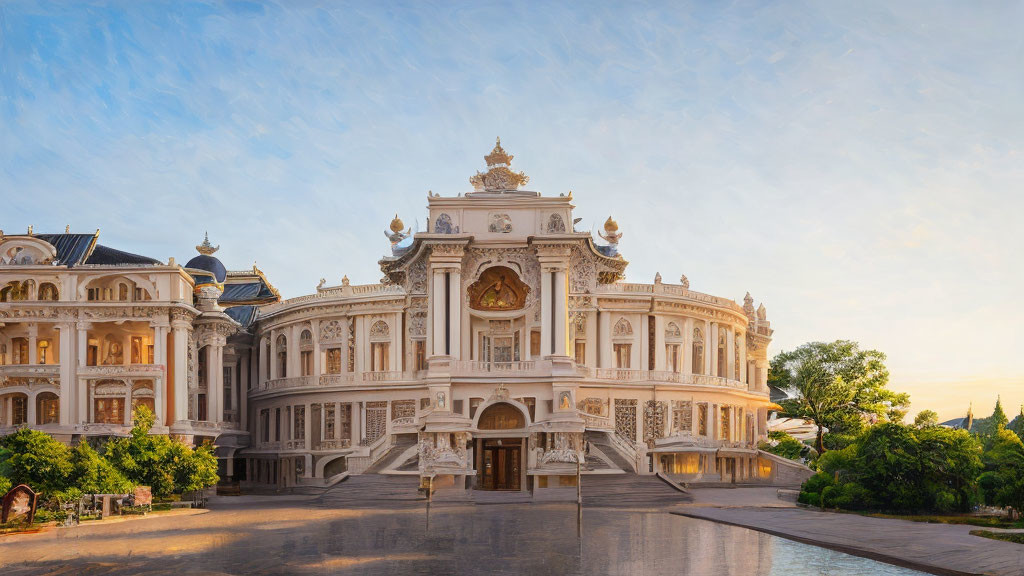 European-style Palace with Ornate Facades and Gold Trim under Sunset Sky