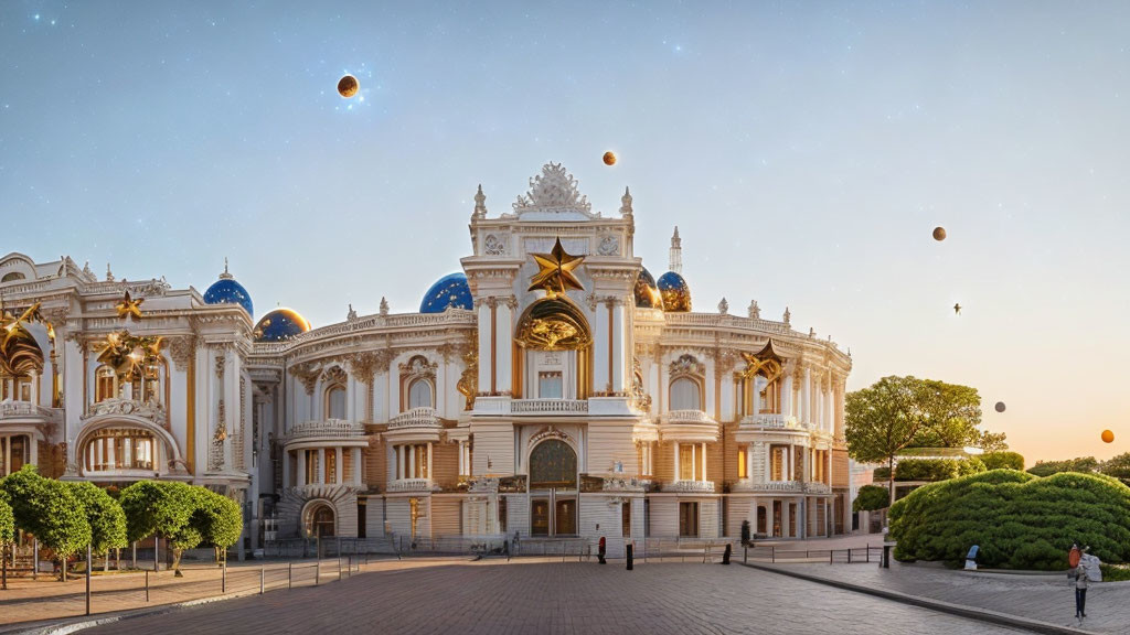 Ornate white building with blue domes and golden accents in a square at dusk