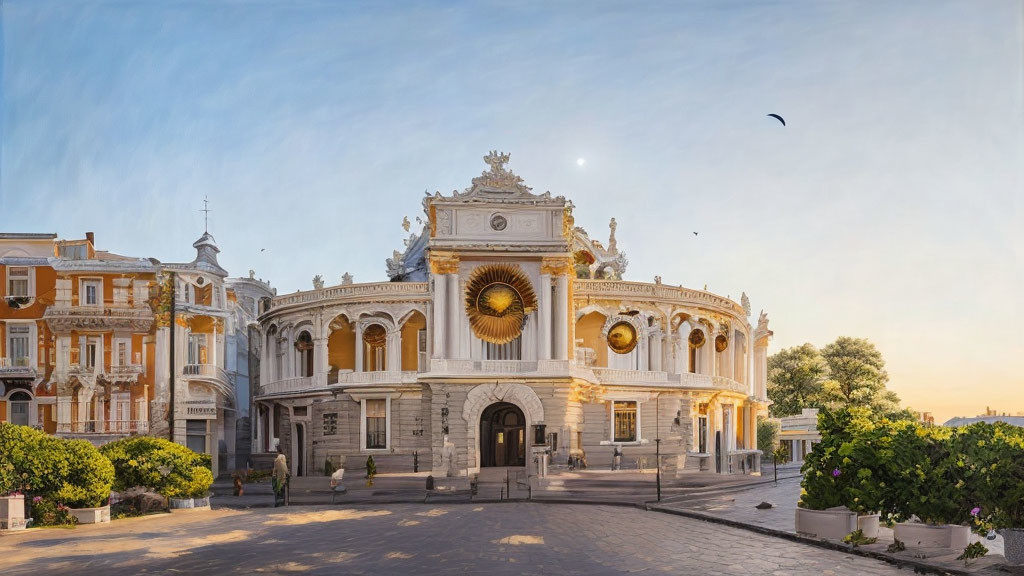 Classical architecture with sculptures and clock in elegant urban setting