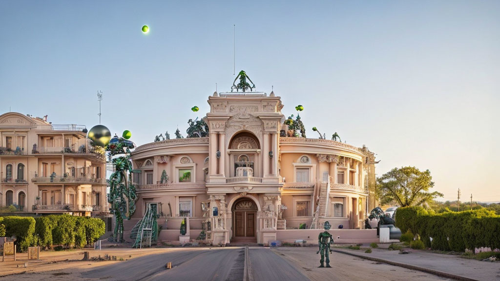 Sculptures and oversized green ornaments at grand building with figures on tree-lined avenue
