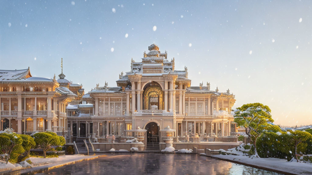 Classical building with statues and intricate details in warm glow under snowy sky
