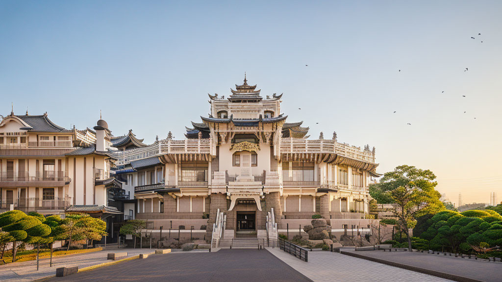 Symmetrical Asian palace with tiered roofs and landscaped surroundings at twilight