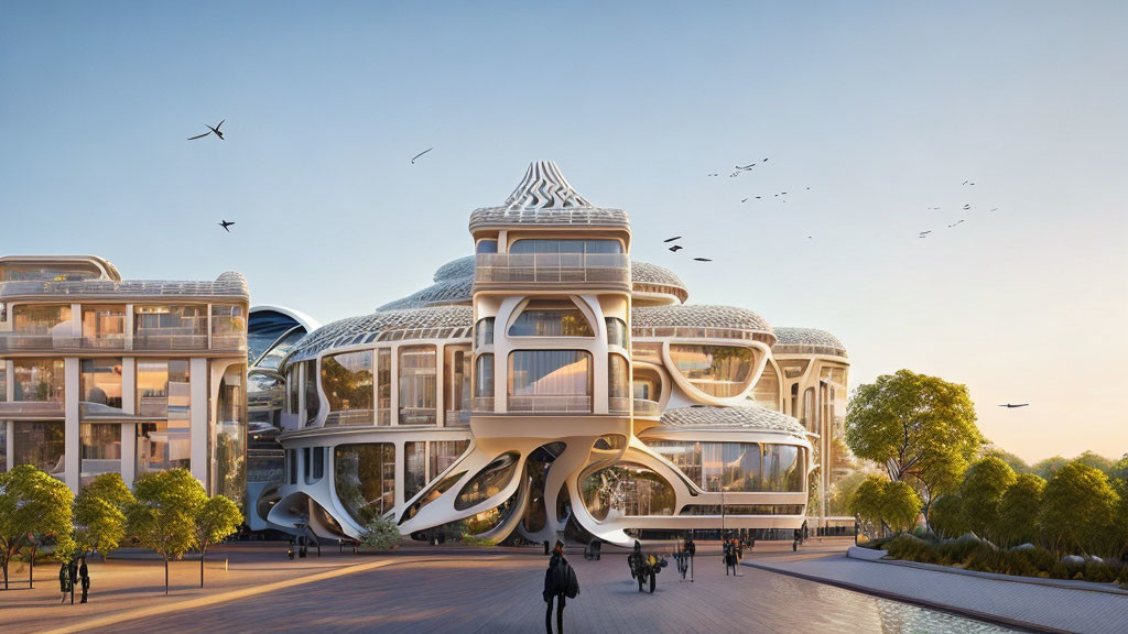 Interlocking futuristic architecture with organic shapes and glass windows