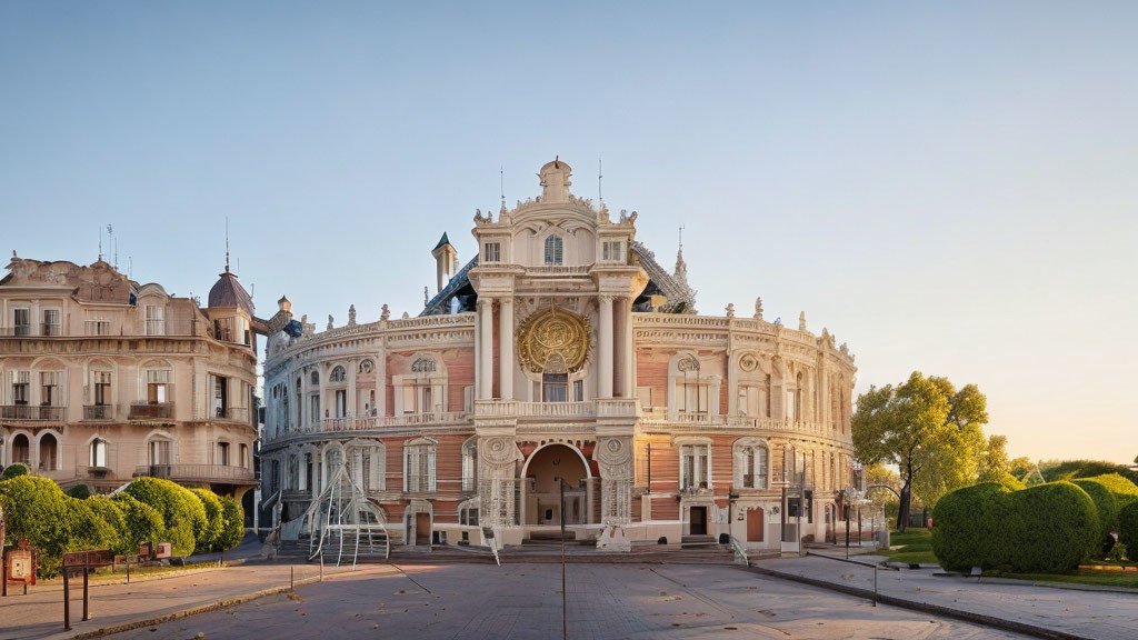 Historical building with elaborate facade and grand entrance, surrounded by classical European style buildings at dusk