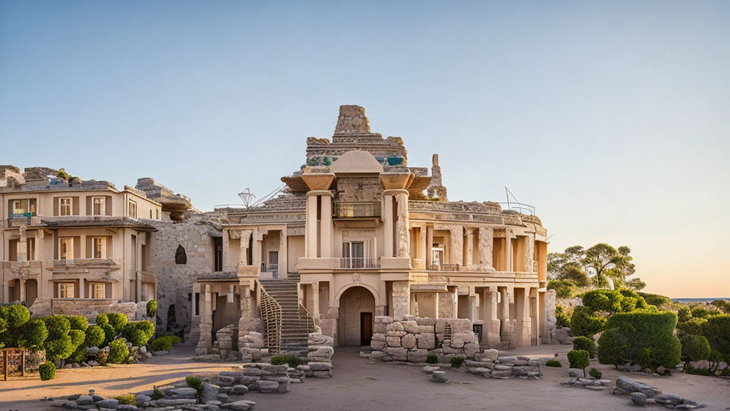 Historical stone building with classical architecture and landscaped grounds at sunset