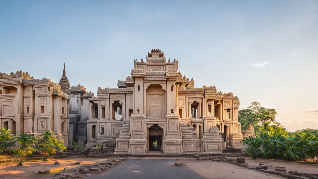Stone temple with intricate carvings in golden hour scenery