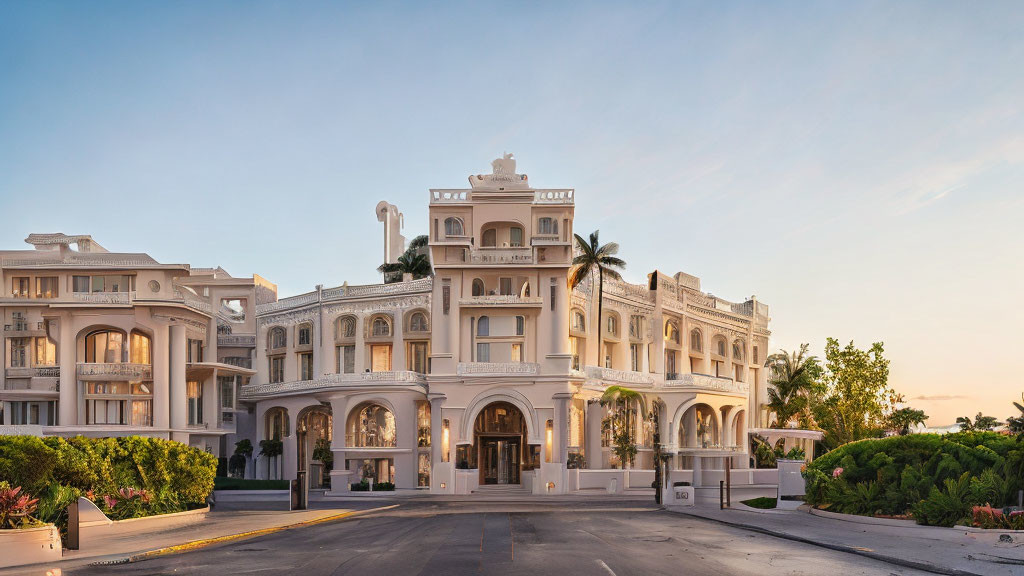Classical architecture hotel facade with arches and balconies at sunset