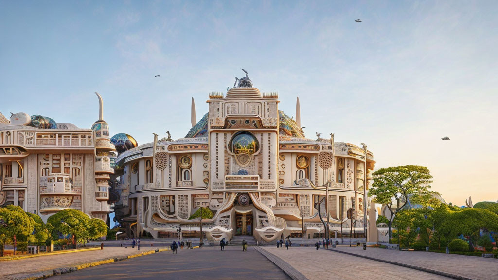 Ornate futuristic building with spherical structures against clear sky
