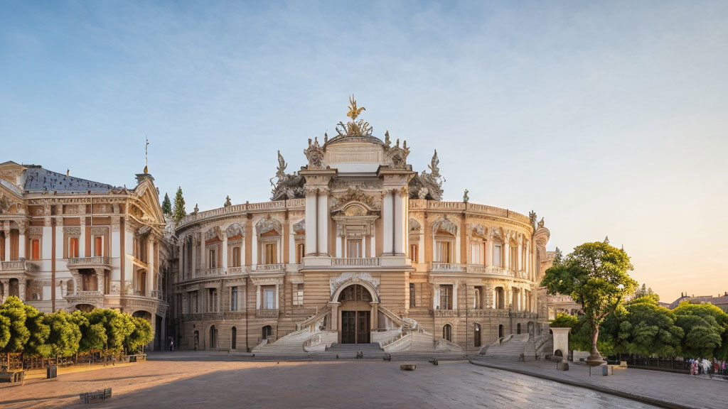 Neoclassical building with ornate façade and sculptures at sunset