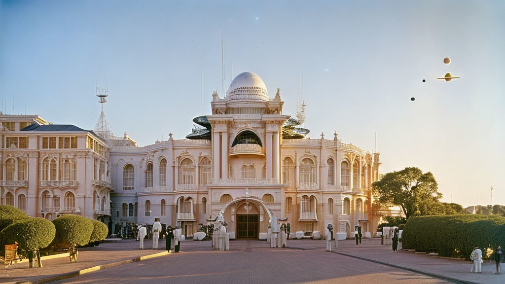 White Palace with Central Dome and Side Wings, People in Traditional Dress, Sunset Sky
