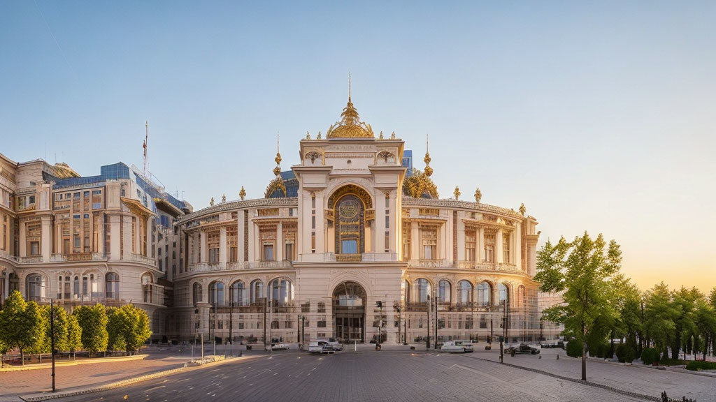 Neoclassical building with golden dome at sunset.