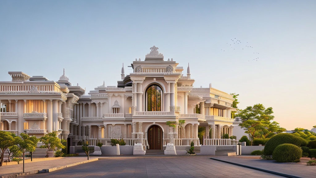 Opulent white palace with classical architecture against twilight sky