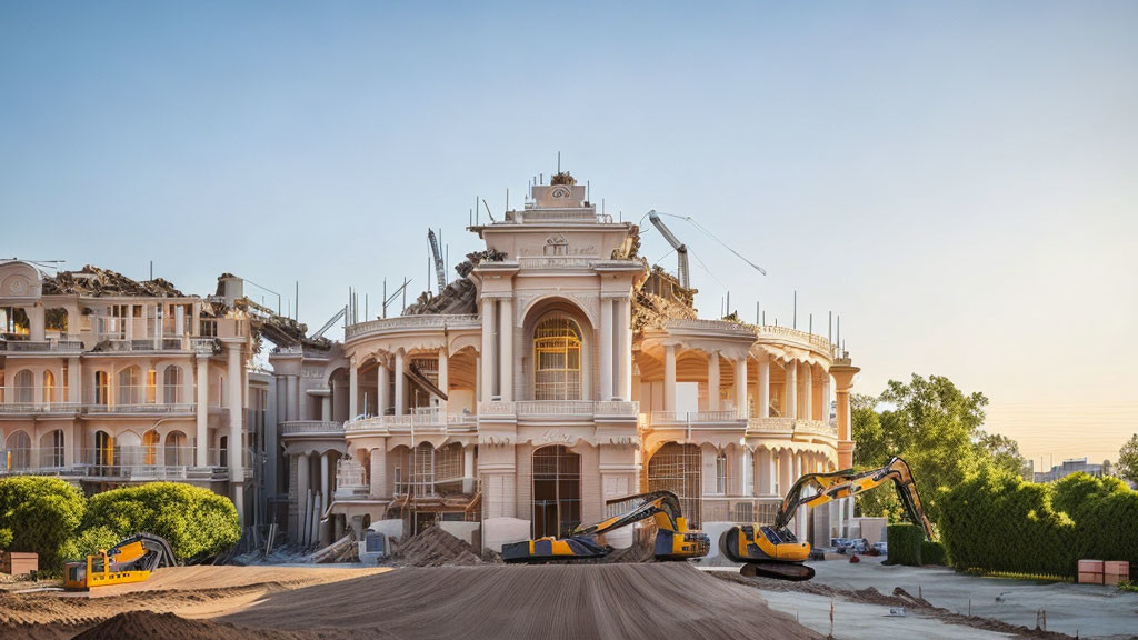 Classical-style building under construction with yellow excavators and clear blue sky