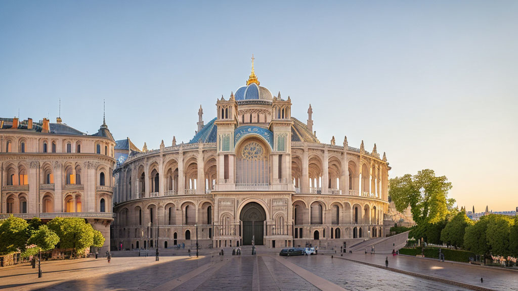 Historic cathedral with grand facade and central dome at sunset