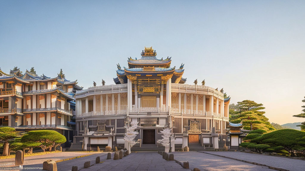 Elaborate Asian temple in serene setting