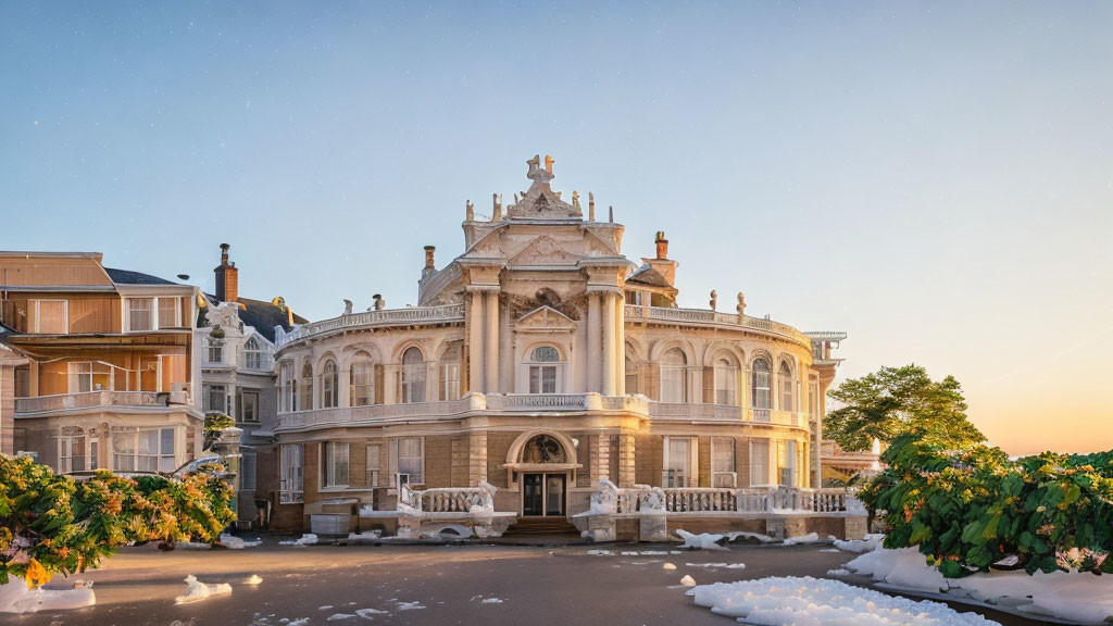 Historical building in golden sunlight with snow-covered grounds