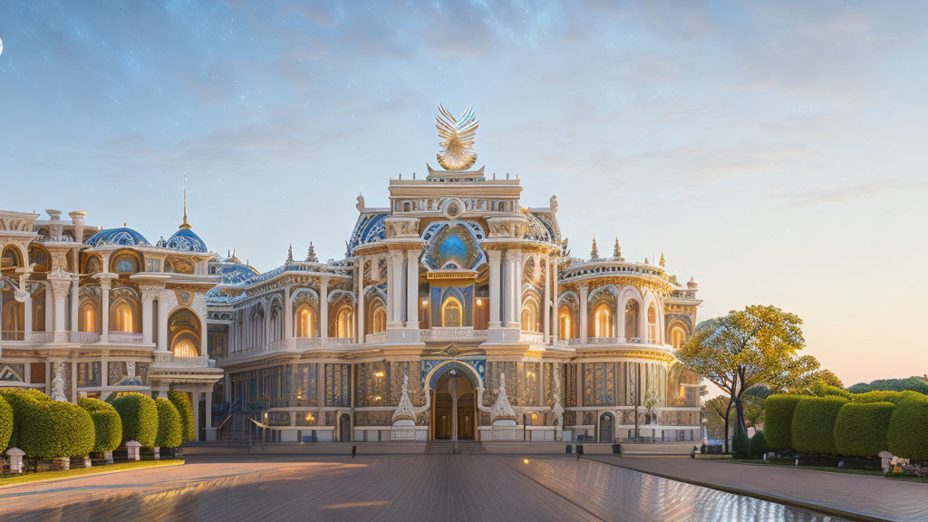 Ornate Building with Golden Sculpture at Sunset