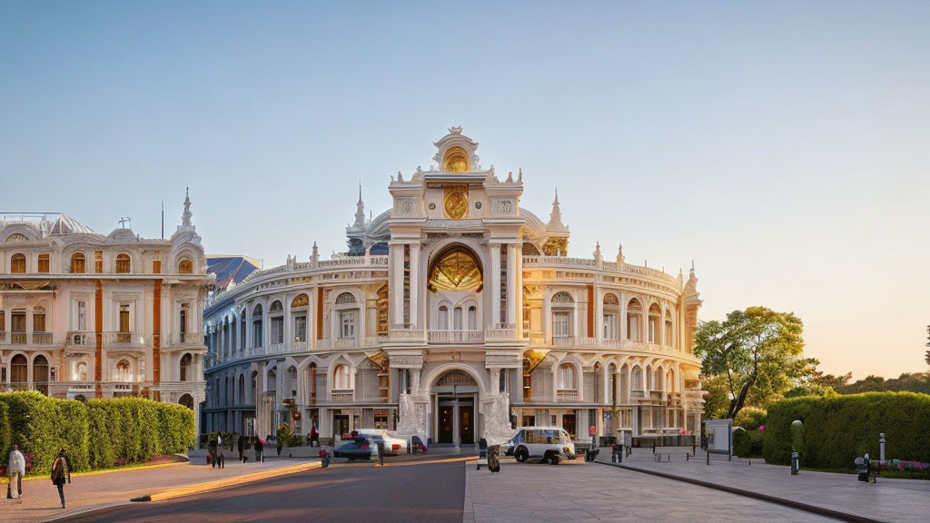 Opulent neoclassical building with intricate facades in warm sunlight