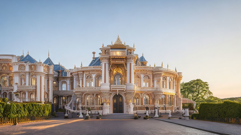 Luxurious mansion with grand staircase, ornate balconies, and sunset glow
