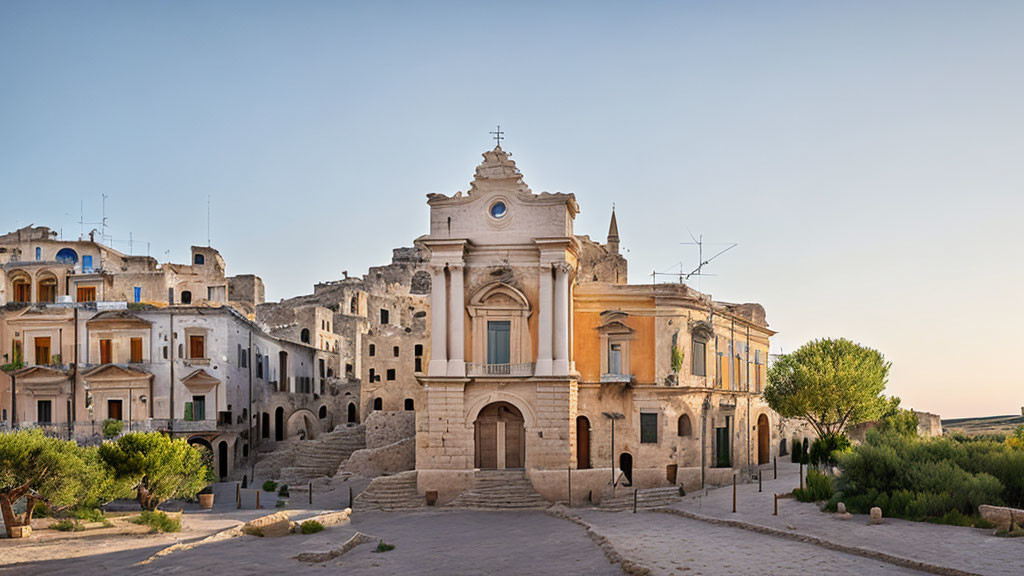 Historic baroque church facade in tranquil square with traditional buildings and ancient cave dwellings
