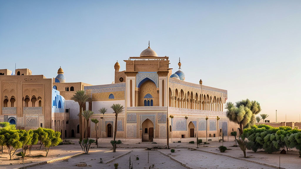 Middle Eastern complex with central domed building and blue domes, palm trees, clear sky