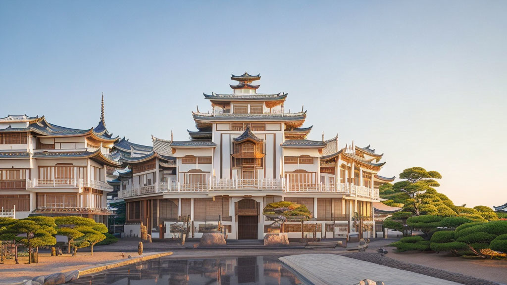 East Asian-style Palace with Multi-Tiered Roofs and Ornate Details