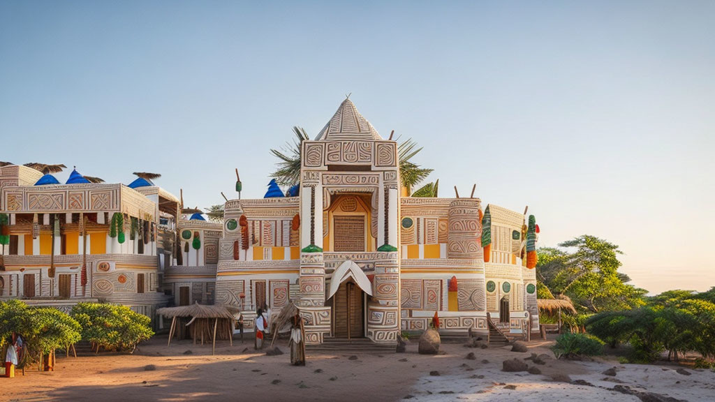 Traditional Sudanese-style building with intricate wall patterns, surrounded by trees and people.