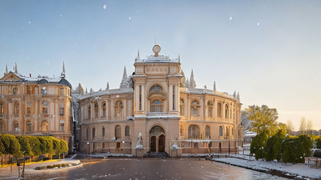 Snow-covered classical building under clear sky with sunlight.