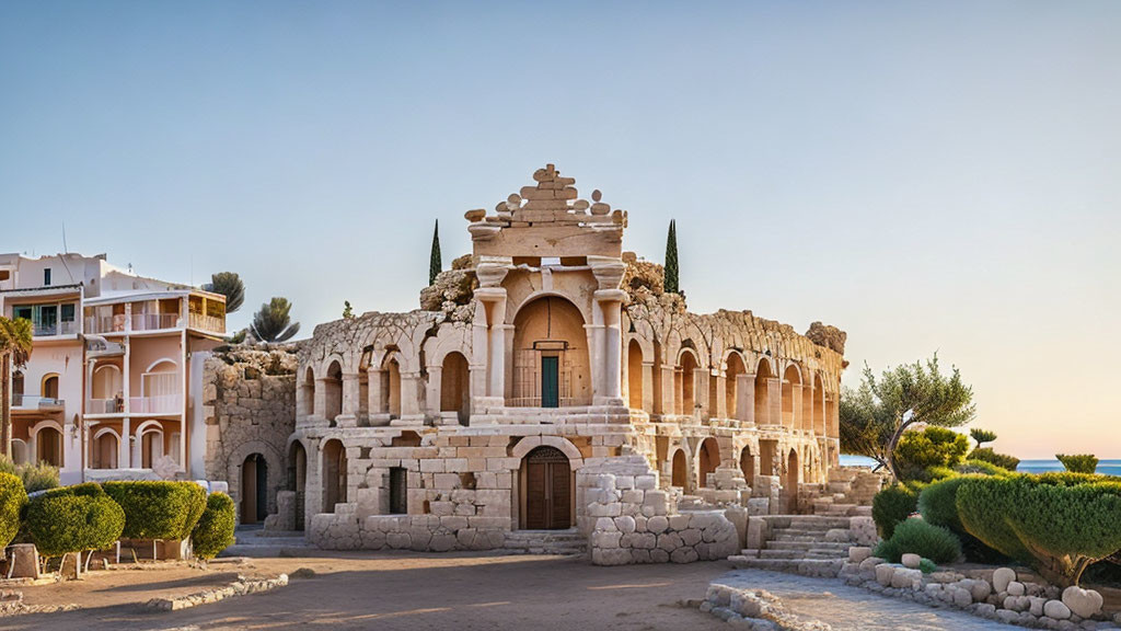 Ancient stone building with arched entrances and ornate designs juxtaposed with modern structures