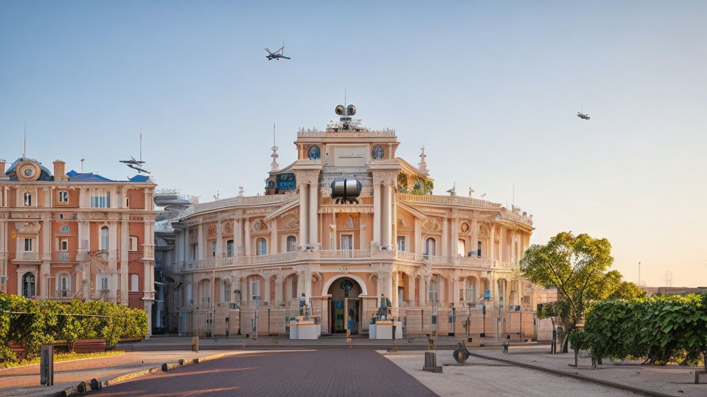 Neoclassical building with helicopters and square.