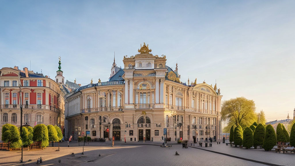 Ornate architecture and golden rooftop in a grand square at dawn or dusk