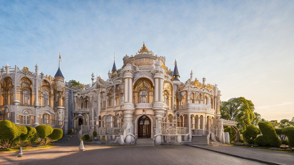 Gothic-style white palace with spires and statues against blue sky