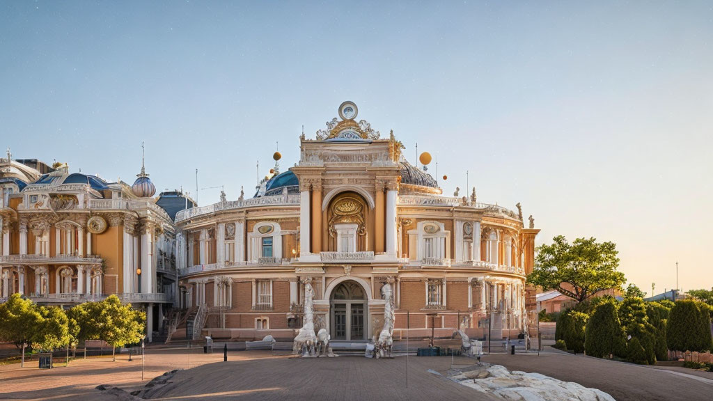 Ornate European Classical Building with Sculptures and Blue Sky