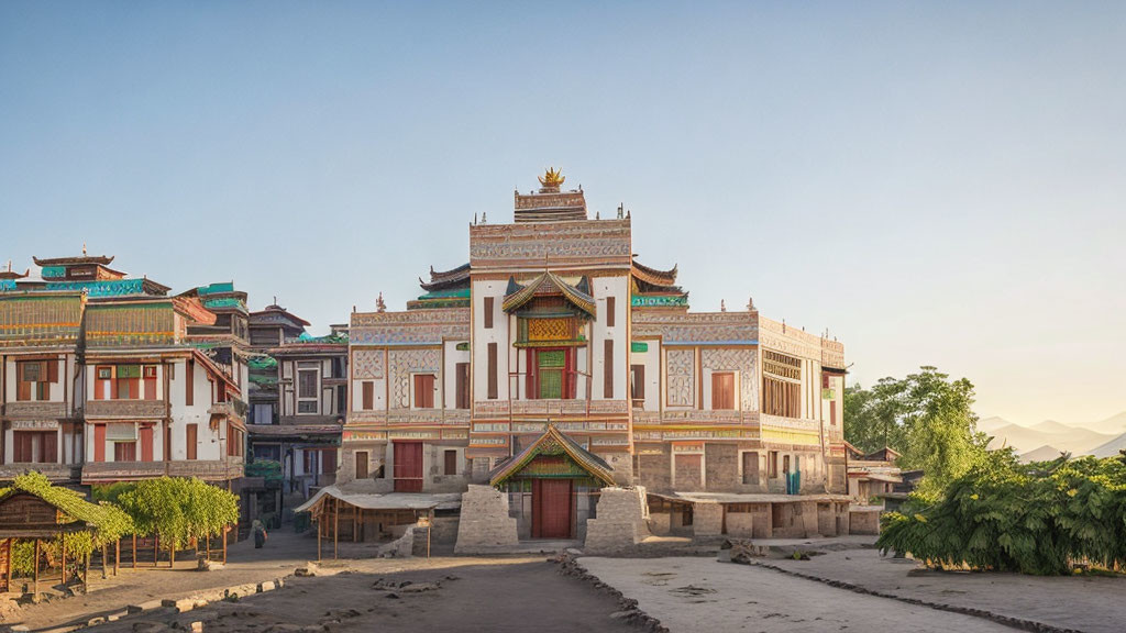 Vibrant Tibetan-style Building Against Mountainous Backdrop