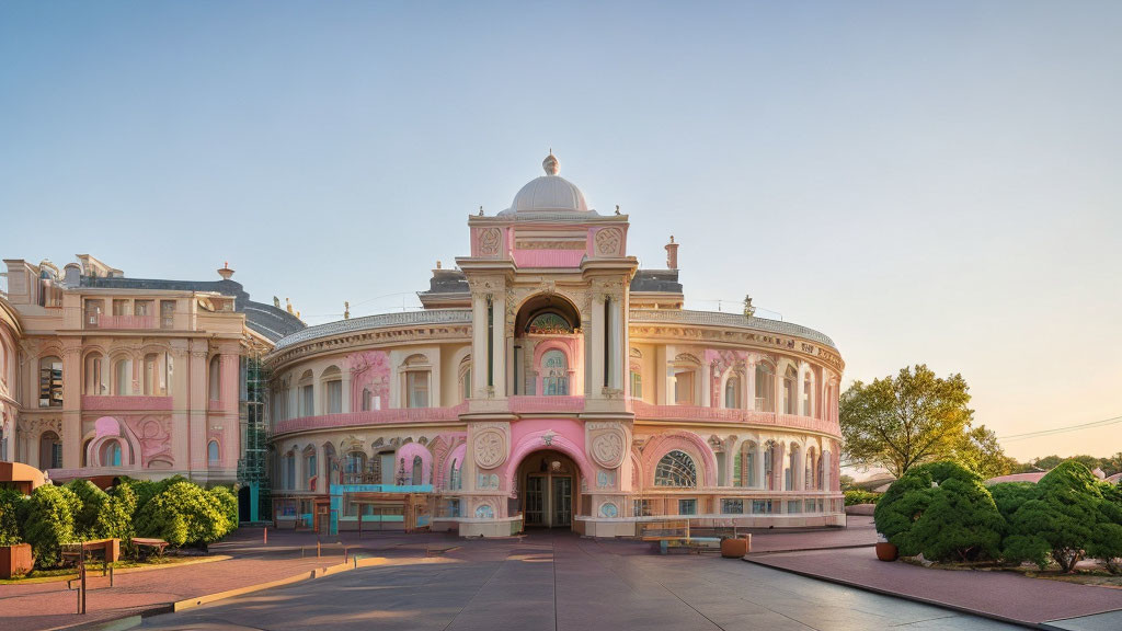 Classical pink and white building with domed roof and blue sky