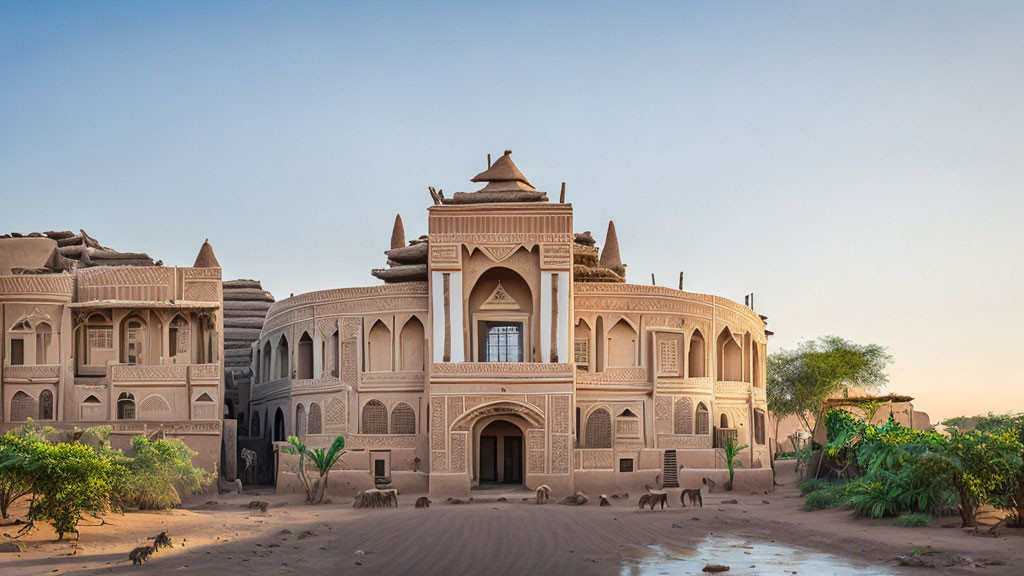Desert mud-brick architecture with ornate details and greenery in clear sky