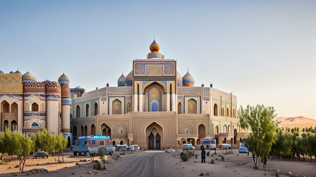 Ornate desert building with domes and arches, people and vehicles in foreground