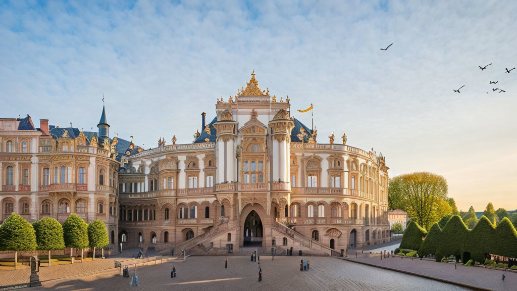European-Style Palace with Ornate Architecture and Visitors at Sunrise