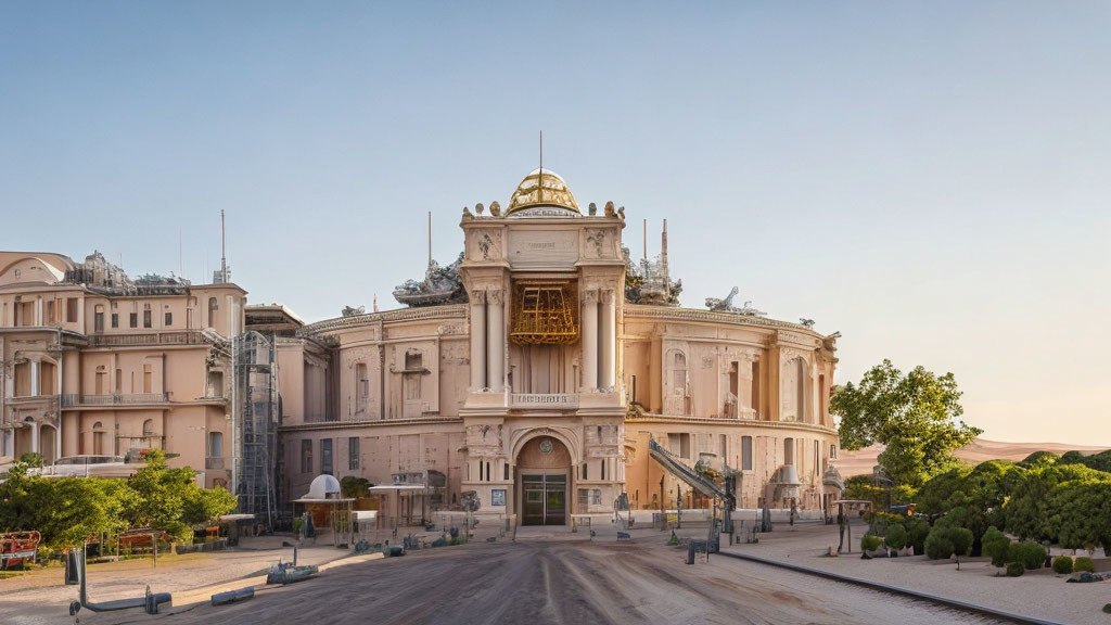 Ornate golden dome and classical architecture building on empty street