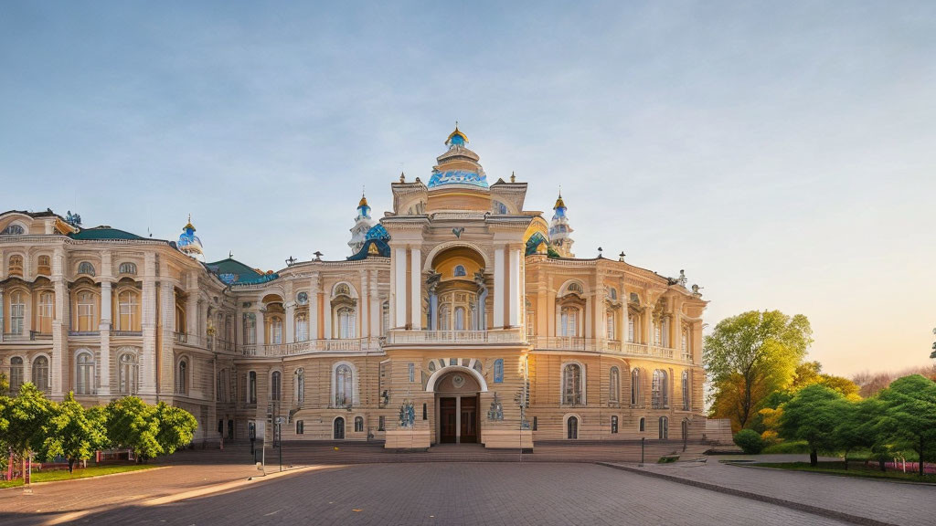 Opulent Yellow and White Palace with Blue Domes and Green Lawns