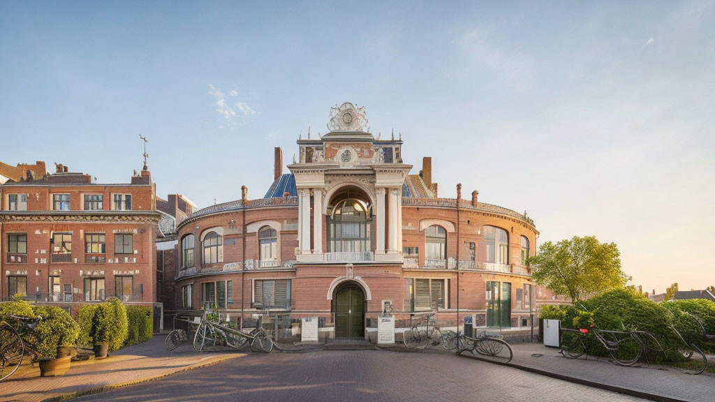Historic European building with arched entrance and bicycles parked outside at golden hour
