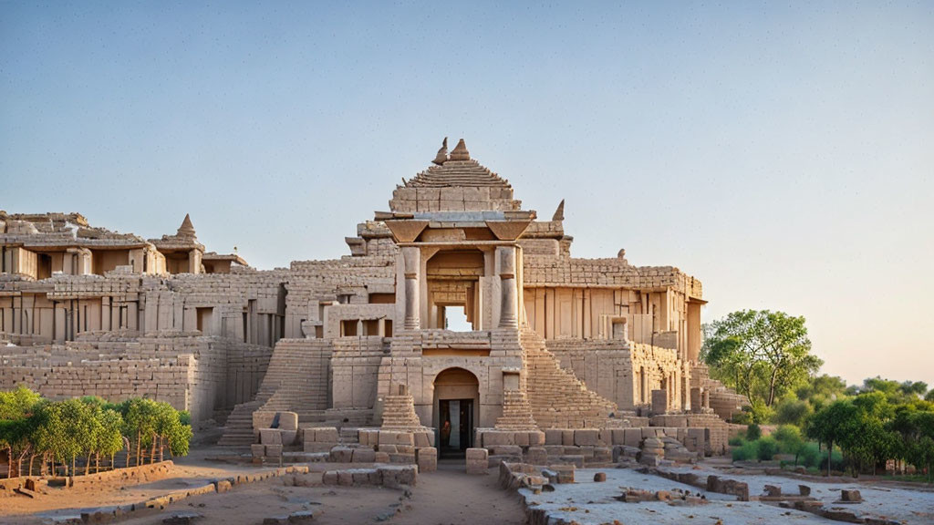 Ancient temple with intricate stone carvings in serene natural setting