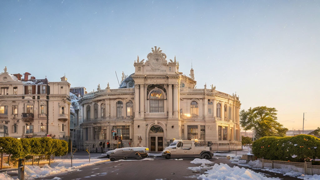 Classical architecture building in golden sunlight with snow and parked vehicles