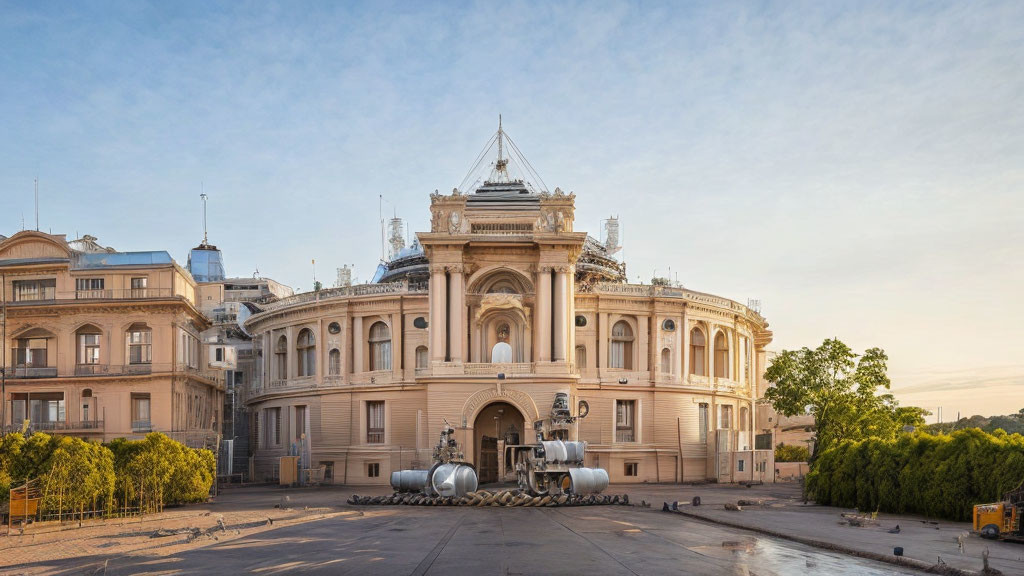 Neoclassical Building with Pediment and Modern Sculpture